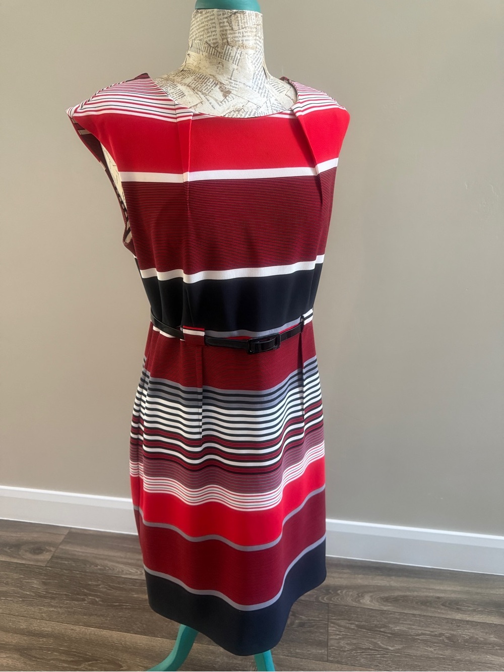 Sleeveless Red, White & Black Striped Sheath Dress
